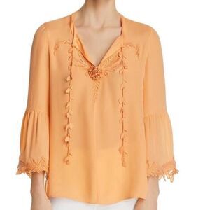 Kobi Halperin Eda Orange Peach Long Sleeve Silk Tie Front Blouse Size Small